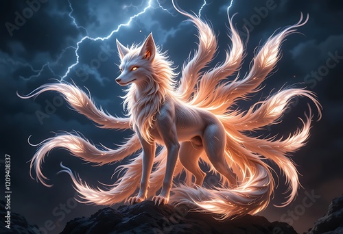 Luminous Nine Tailed Fox Dramatic Stormy Sky Art