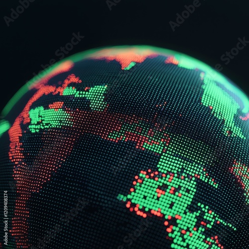 A vibrant, digital representation of the Earth, showcasing a pixelated globe with green and red highlights against a dark background.