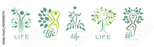 Life Logo Design with Root and Tree Crown Vector Set
