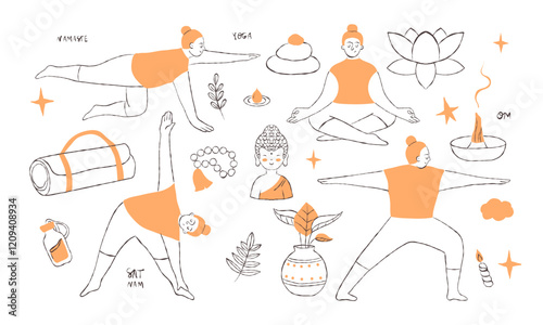 Collection of hand-drawn yoga elements