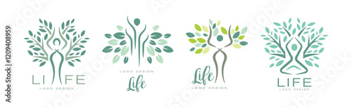 Life Logo Design with Root and Tree Crown Vector Set
