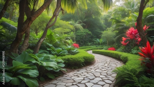 Serene stone pathway winding through lush tropical botanical garden with vibrant green foliage and soft natural light