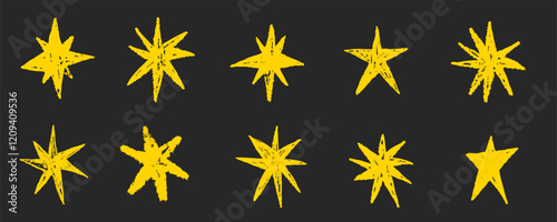 Yellow pencil star pen crayon pastel Hand drawn blinking spark doodle sketch scribble decorative scrapbook flare glare light vector illustrations