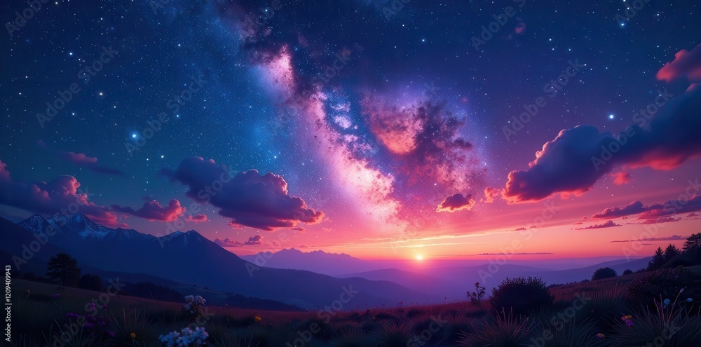 Naklejka premium Darkened canvas of colorful big top stretched under starry night sky, carnival lights, tent canvas