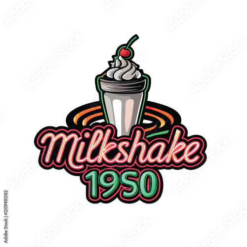Design a retro-style logo featuring a milkshake with a neon color scheme.