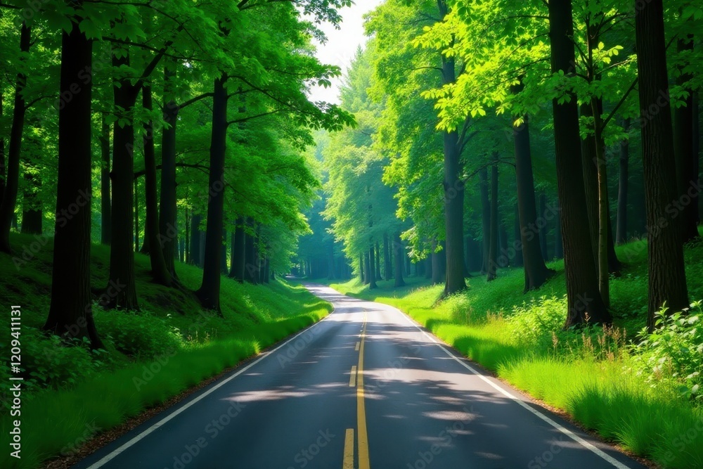Fototapeta premium Forest Road Winding Through Lush Green Landscaped, forest road, winding road