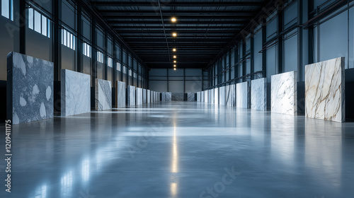 Wallpaper Mural A warehouse filled with premium marble slabs, each slab uniquely veined, creating a palette of natural artistry under soft, diffused lighting Torontodigital.ca