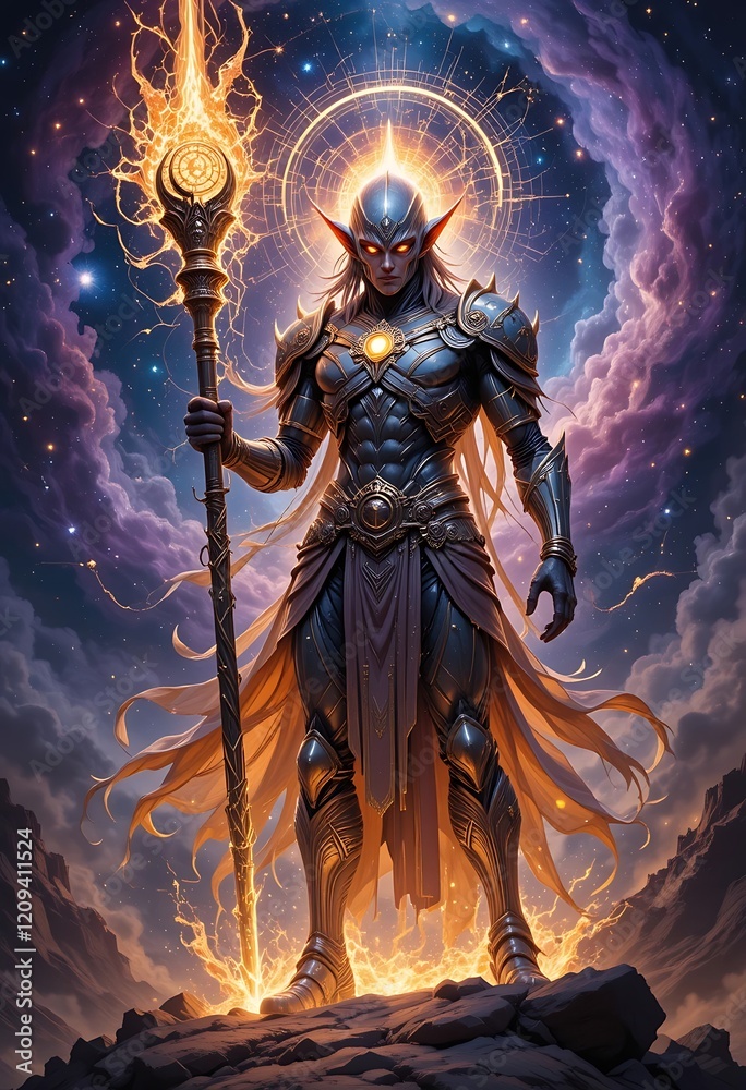 Radiant Celestial Elf Golden Armor Cosmic Staff Starry Night Background