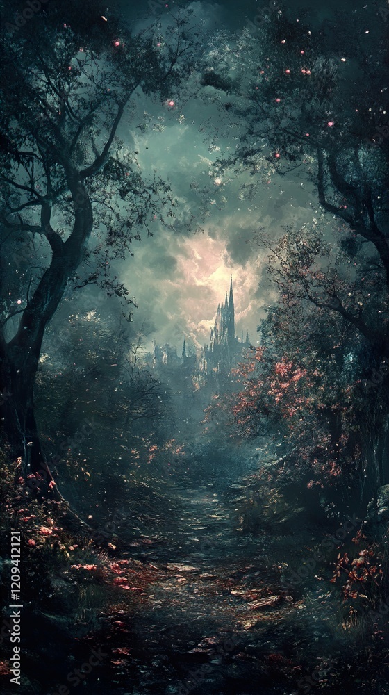 Fototapeta premium Enchanted Forest Path to a Mysterious Castle