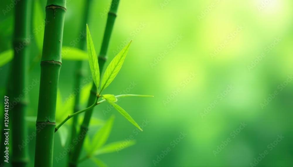 Naklejka premium Gentle bamboo leaves in soft focus, fading into misty green background, greenery, nature scene