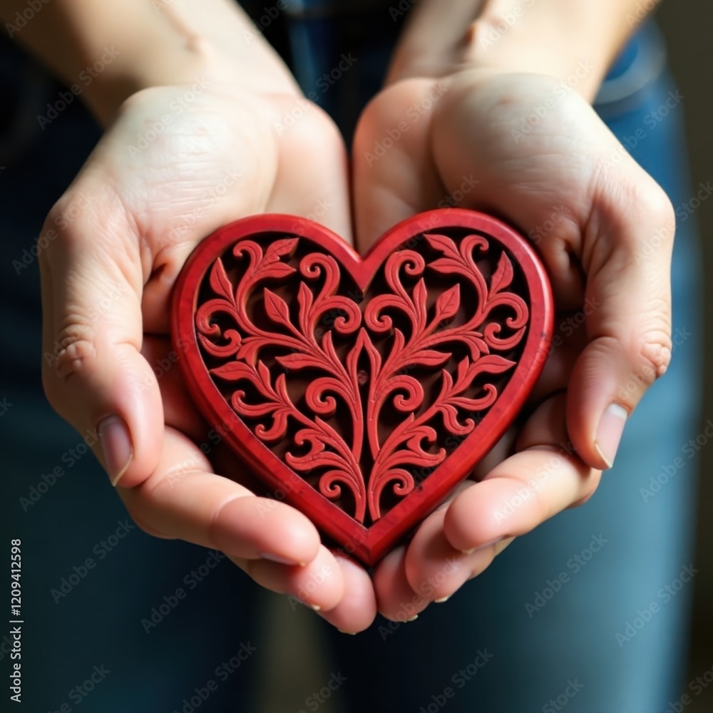 Gentle hands hold intricately carved red heart wooden piece, calm atmosphere , red, carved Gentle hands hold intricately carved red heart wooden piece, calm atmosphere , red, carved