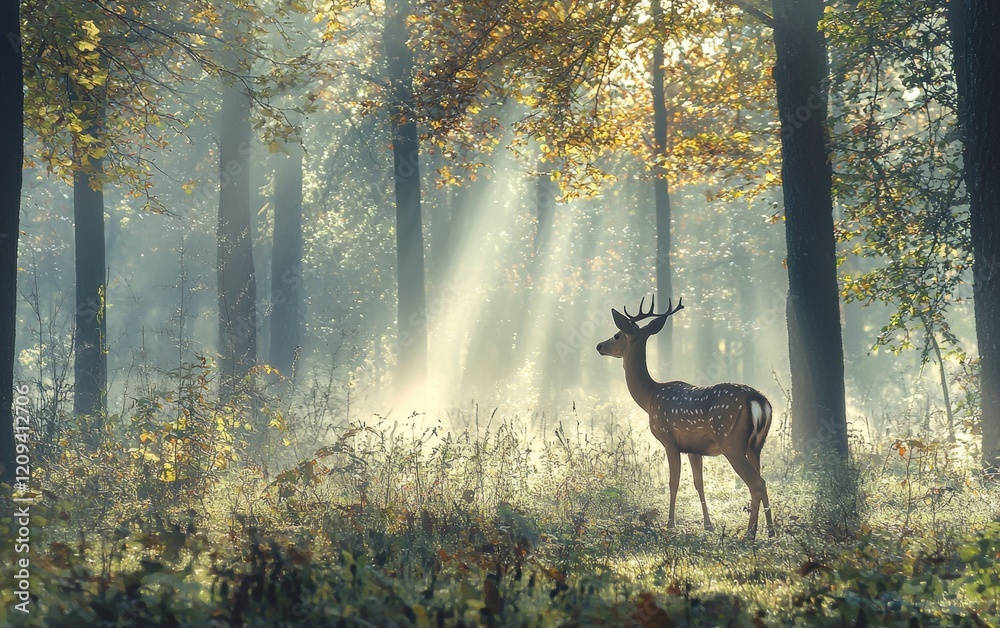 A graceful deer standing in a misty forest clearing with sunlight filtering through the trees A graceful deer standing in a misty forest clearing with sunlight filtering through the trees