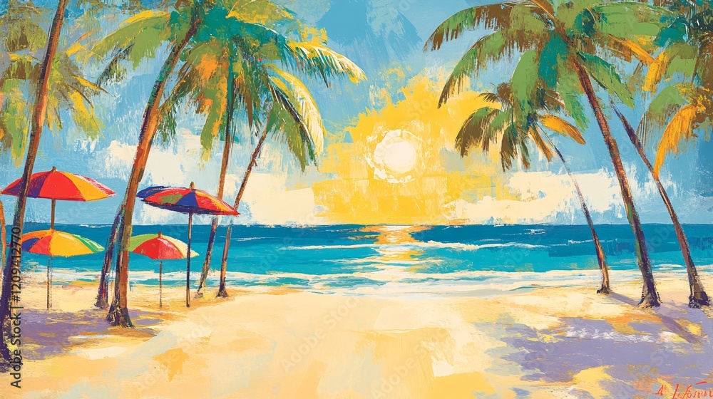 Vibrant Beach Scene with Palm Trees and Umbrellas Overlooking Ocean Vibrant Beach Scene with Palm Trees and Umbrellas Overlooking Ocean