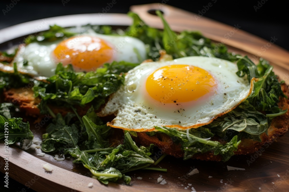 Sunny side up fried eggs are served on toasted slices of bread and topped with fresh kale, parmesan cheese, and black pepper Sunny side up fried eggs are served on toasted slices of bread and topped with fresh kale, parmesan cheese, and black pepper
