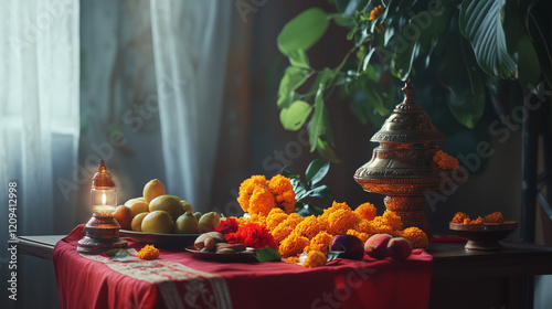 Home altar table with Gudi Padwa decorated with red cloth and marigold flowers, along with traditional oil lamp and fresh fruit offerings, Ai generated images photo