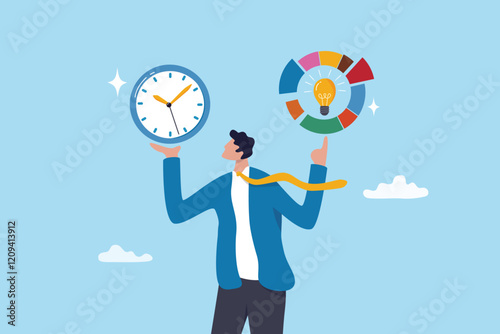 Time management, efficiency, productivity to finish work, delegation, finish tasks, prioritize responsibility, manage schedule, planning concept, businessman holding time clock with pie chart routine.