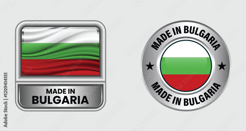 Made in Bulgaria label icon set in silver color, featuring both rectangular and circular designs. Includes the Bulgaria flag icon, ideal for business and product branding Made in Bulgaria label icon set in silver color, featuring both rectangular and circular designs. Includes the Bulgaria flag icon, ideal for business and product branding