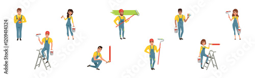 Man and Woman Character in Overall Paint Wall Vector Set
