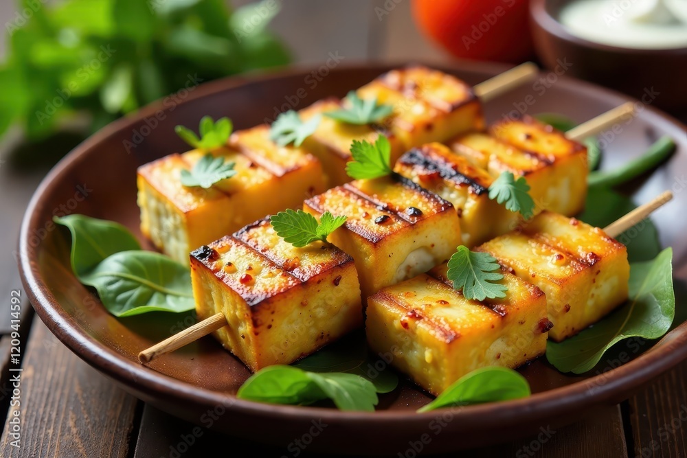 Grilled paneer tikka on skewers with yogurt sauce, served on a wooden plate, naan bread, flatbread Grilled paneer tikka on skewers with yogurt sauce, served on a wooden plate, naan bread, flatbread