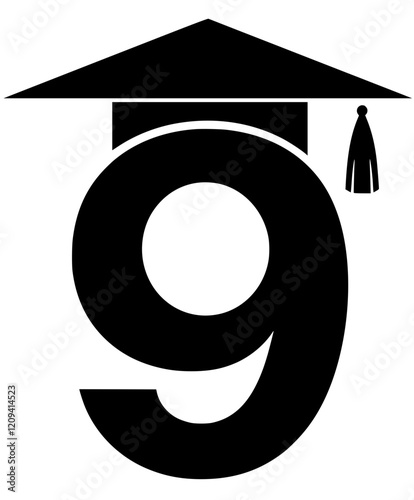 Graduation Cap on Number Nine Symbol, Black and white illustration of the number nine wearing a graduation cap, representing education, academic success, and scholarly achievement.  
  
