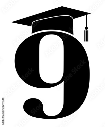 Graduation Cap on Number Nine Symbol, Black and white illustration of the number nine wearing a graduation cap, representing education, academic success, and scholarly achievement.  
  
