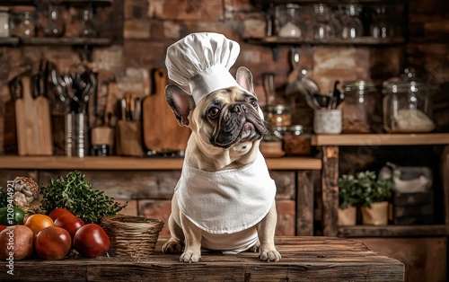 A chubby French bulldog dressed as a chef, complete with a tiny apron and a chefâ???s hat, on a rustic kitchen-themed backdrop photo