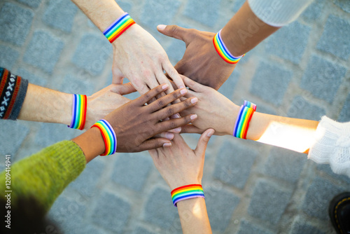 Activists showing support for lgbt community with rainbow bracelets