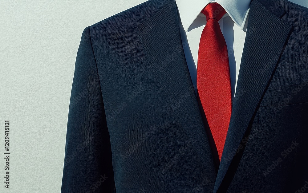 A tailored navy blue suit with a red tie, showcased on a clean white background with soft shadows A tailored navy blue suit with a red tie, showcased on a clean white background with soft shadows