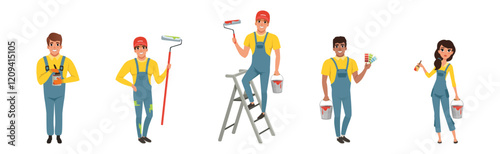 Man and Woman Character in Overall Paint Wall Vector Set