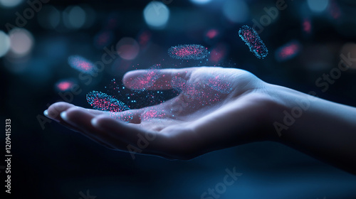 A conceptual image showing a hand with vibrant digital bacteria resting on the palm, symbolizing the link between microbiome, nutrition, and health photo