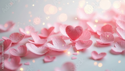 Dreamy Romantic Scene: Pink Heart-Shaped Petals on Soft Blur Background