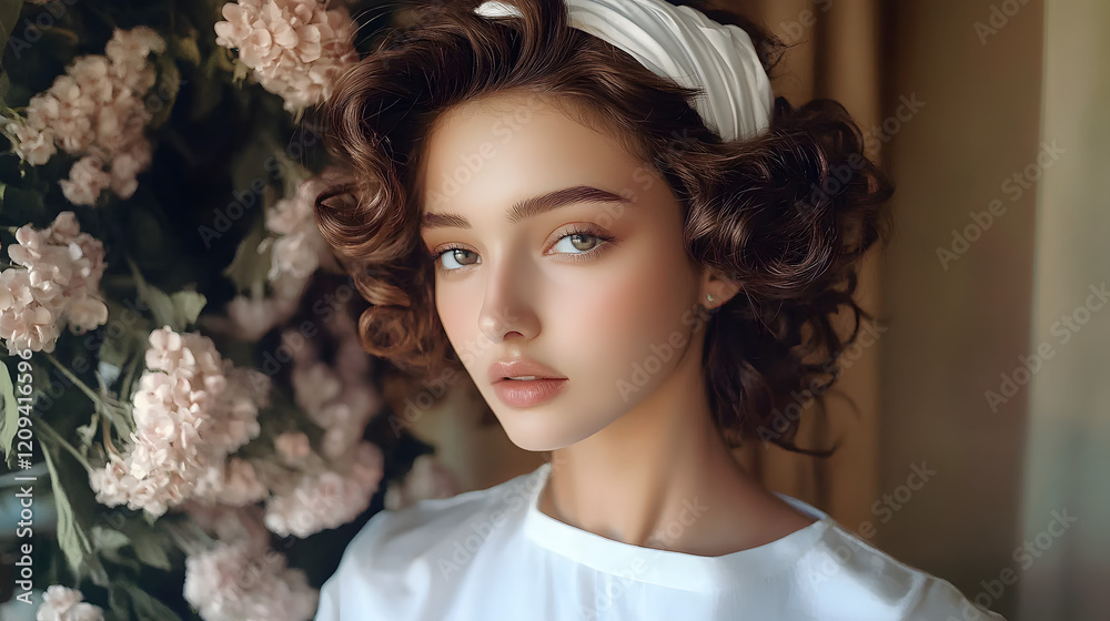 Fototapeta premium Young woman demonstrating heatless silk ribbon curls method, women's styling