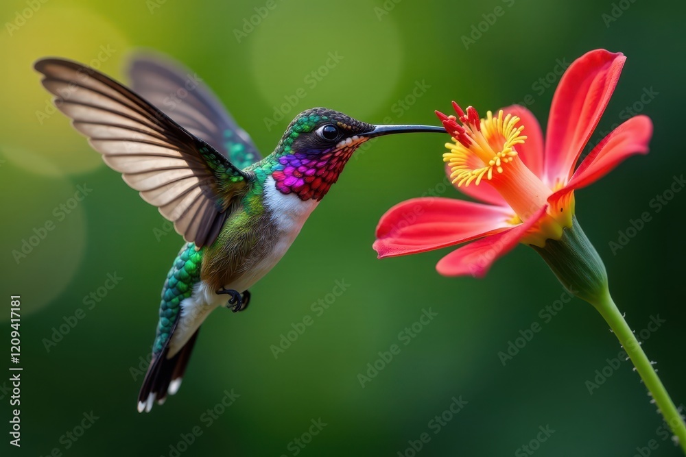 Naklejka premium Iridescent hummingbird flutters beside a colorful flower stem, natural, bird