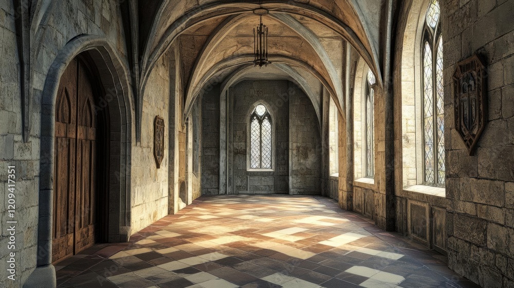 Ancient Stone Hallway with Arched Windows and a Wooden Door Ancient Stone Hallway with Arched Windows and a Wooden Door