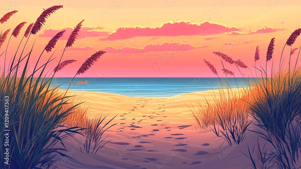 Tranquil Beach Scene at Sunset with Footprints in the Sand Tranquil Beach Scene at Sunset with Footprints in the Sand