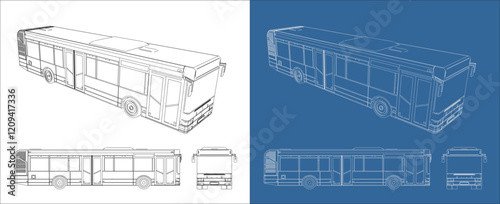 Bus line drawings blueprints technical vector. side view outline isolated on transparent background