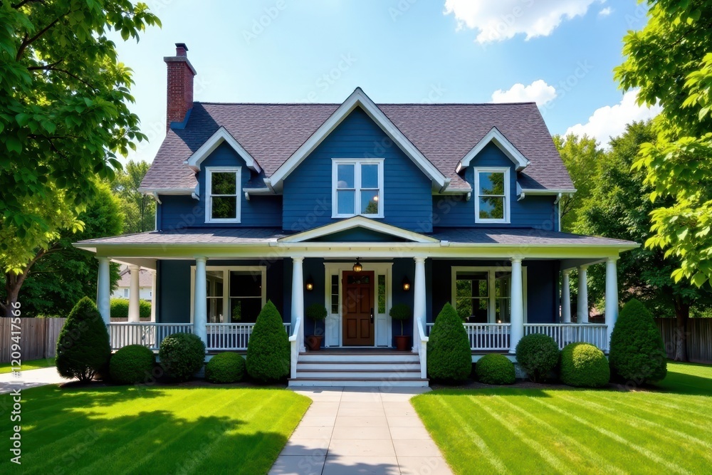 Fototapeta premium Large blue gray house with porch and front yard, exterior shot, large house