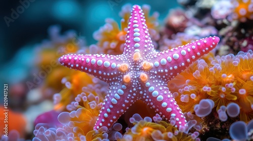 Pink starfish on coral reef, ocean background, aquarium
