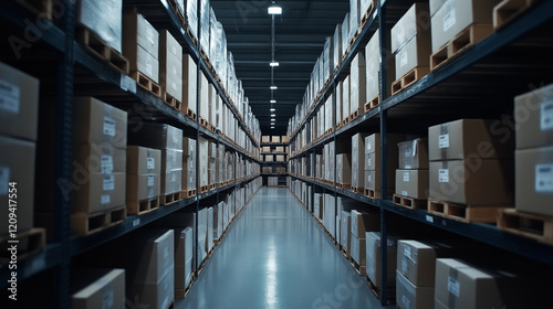 A clean and orderly warehouse with perfectly labeled boxes on robust shelves, each section dedicated to specific inventory categories, exuding efficiency photo