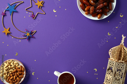 Ramadan flat lay composition. Top view crescent moon, decorative lantern, nuts, dates, and cup of tea on purple background. Ramadan Kareem and Eid Mubarak concept.