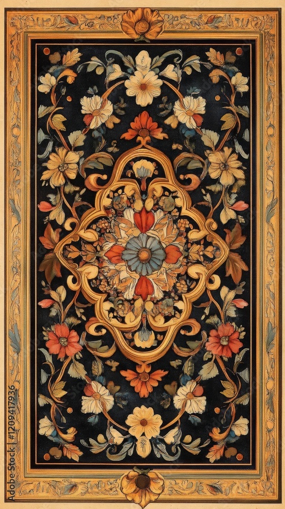 Ornate Floral Pattern with Intricate Frame and Golden Details: A Tapestry of Beauty and Craftsmanship Ornate Floral Pattern with Intricate Frame and Golden Details: A Tapestry of Beauty and Craftsmanship