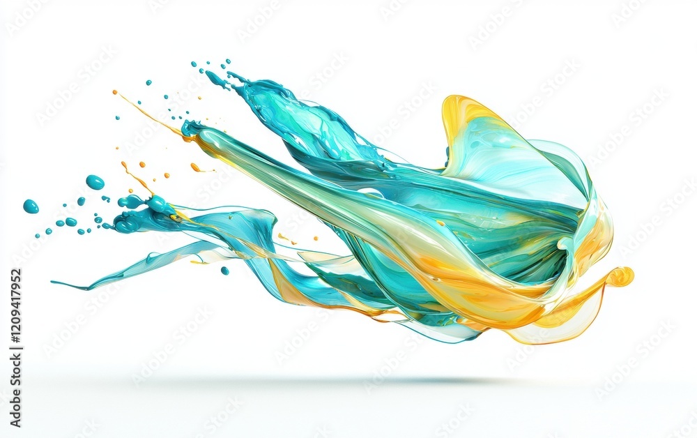Fototapeta premium An abstract spray of turquoise blue and soft yellow paint splashes, frozen mid-motion on a pristine white background