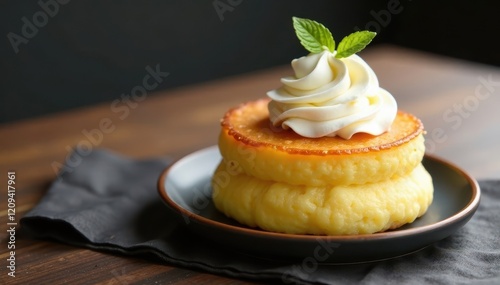 Lightly golden Japanese-style souffle pancake with whipped cream on top, Japanese pancake, fluffy