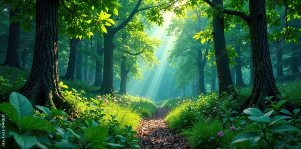 Fototapeta premium Lush forest with vibrant green and blue foliage in sunlight , forest, sunlight