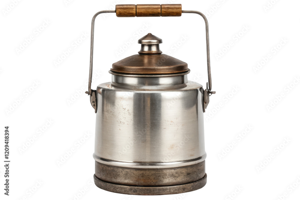 Silver kettle with wooden handle isolated with transparent background Silver kettle with wooden handle isolated with transparent background