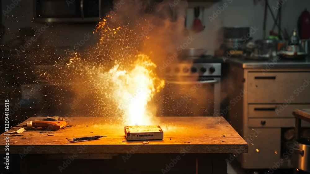A faulty lithium battery explodes on a workbench in a garage, sending flames and sparks flying in all directions. picture