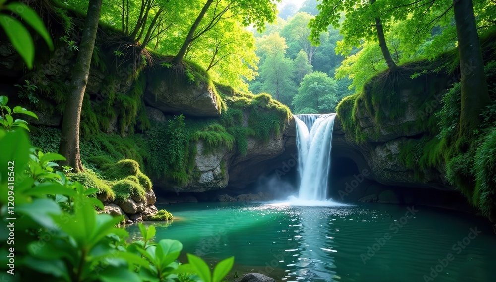 Lush green forest with cascading waterfall in Pak Khlong , green, natural Lush green forest with cascading waterfall in Pak Khlong , green, natural