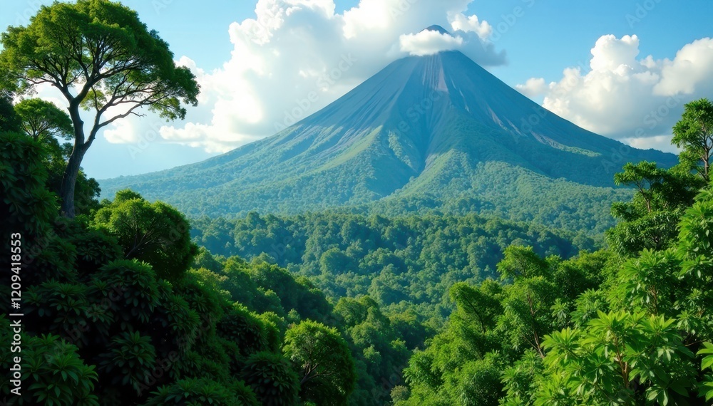 Obraz premium Lush green rainforest canopy above active volcano, volcano, wildlife