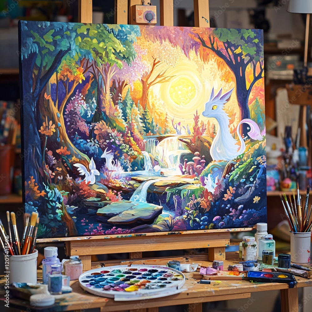 Fototapeta premium Fantasy Landscape with Magical Creatures and Vibrant Colors