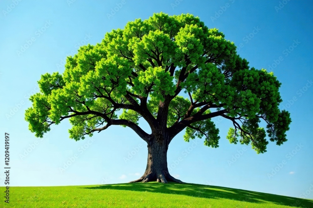 Obraz premium Majestic oak tree with lush green leaves and strong branches standing tall against a clear blue sky, trees, outdoors